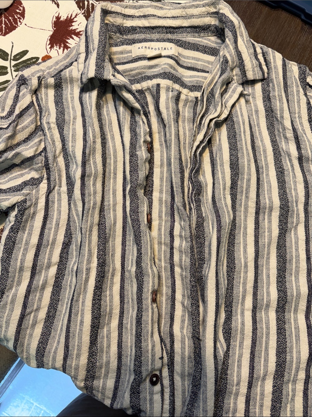 Aeropostale Men's Navy and White Vertical Stripe Casual Button-Down Shirt